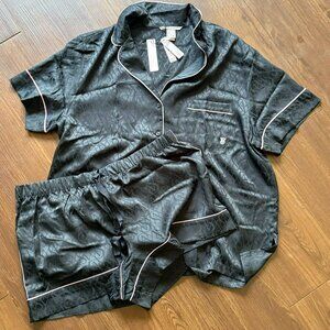 Victoria Secret Satin PJ Set L Black VS logo Coquette Y2K Luxe Lounge 3155